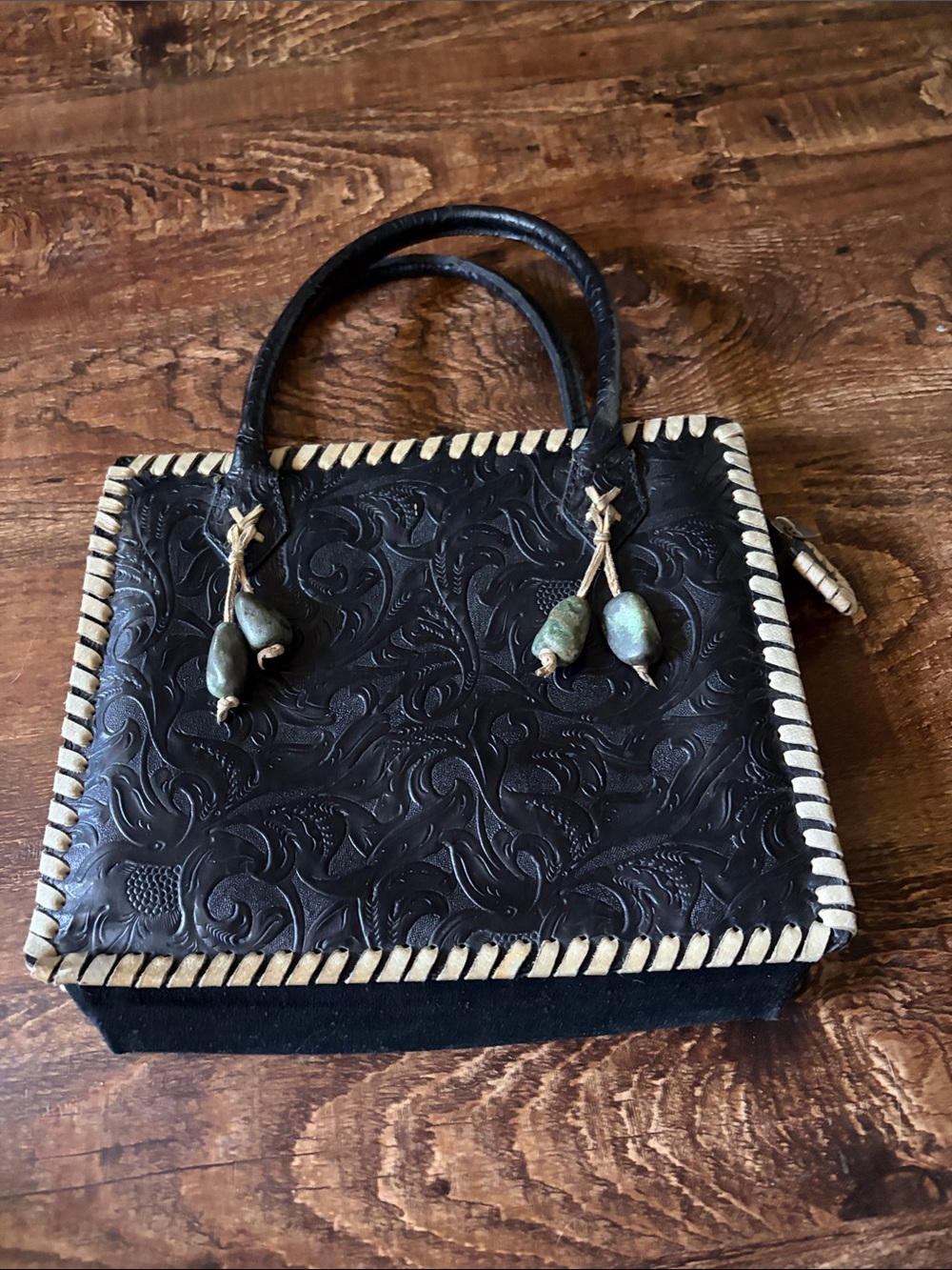 Studio Barse Black Tooled Leather Satchel with Cream Whipstitch